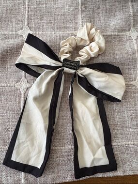 Silk Bow Scrunchie Hair Tie in Cream and Black